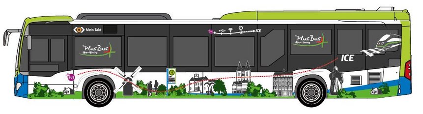 PlusBus Elber-Fläming Silhouette der Außengestaltung des PlusBus Elbe-Fläming mit regionalen Sehenswürdigkeiten.