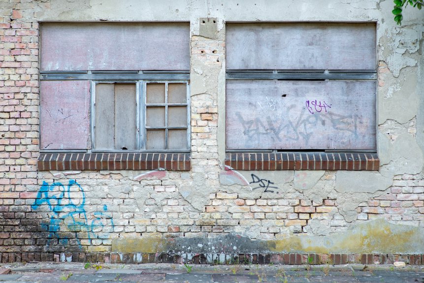 Mit Graffiti versürühte Außenwand des Gebäudes und 2 verbarrikadierte Fenster